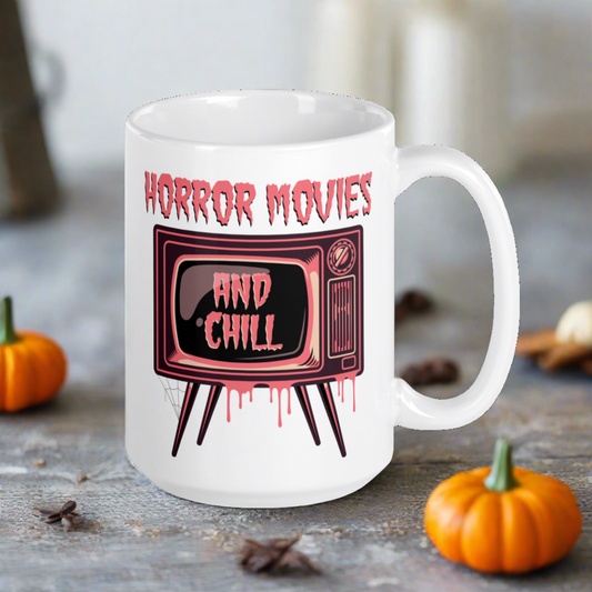 This ceramic glossy coffee mug features a retro style design that says Horror Movies And Chill. The And Chill appears on the retro television screen. The TV is dripping with pink blood.