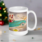 This ceramic glossy coffee mug features a midcentury Christmas illustration of Santa in a teal blue car convertible with a christmas tree in the back seat, the car is pulling his pink sleigh of presents.