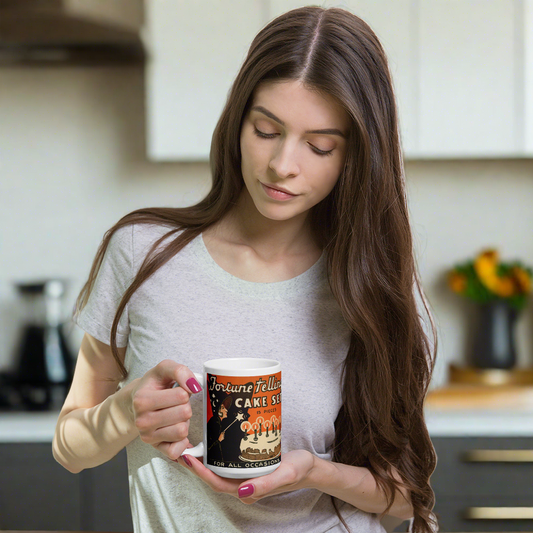 This ceramic glossy mug features a retro vintage Halloween Print of a Fortune Telling Cake Set. It features the artwork of a witch waving a magic star wand over a cake with glowing candles.