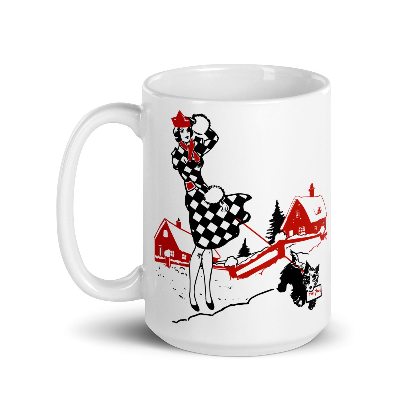 Christmas Woman And Dog Art Deco Retro Christmas Print Glossy Coffee Mug