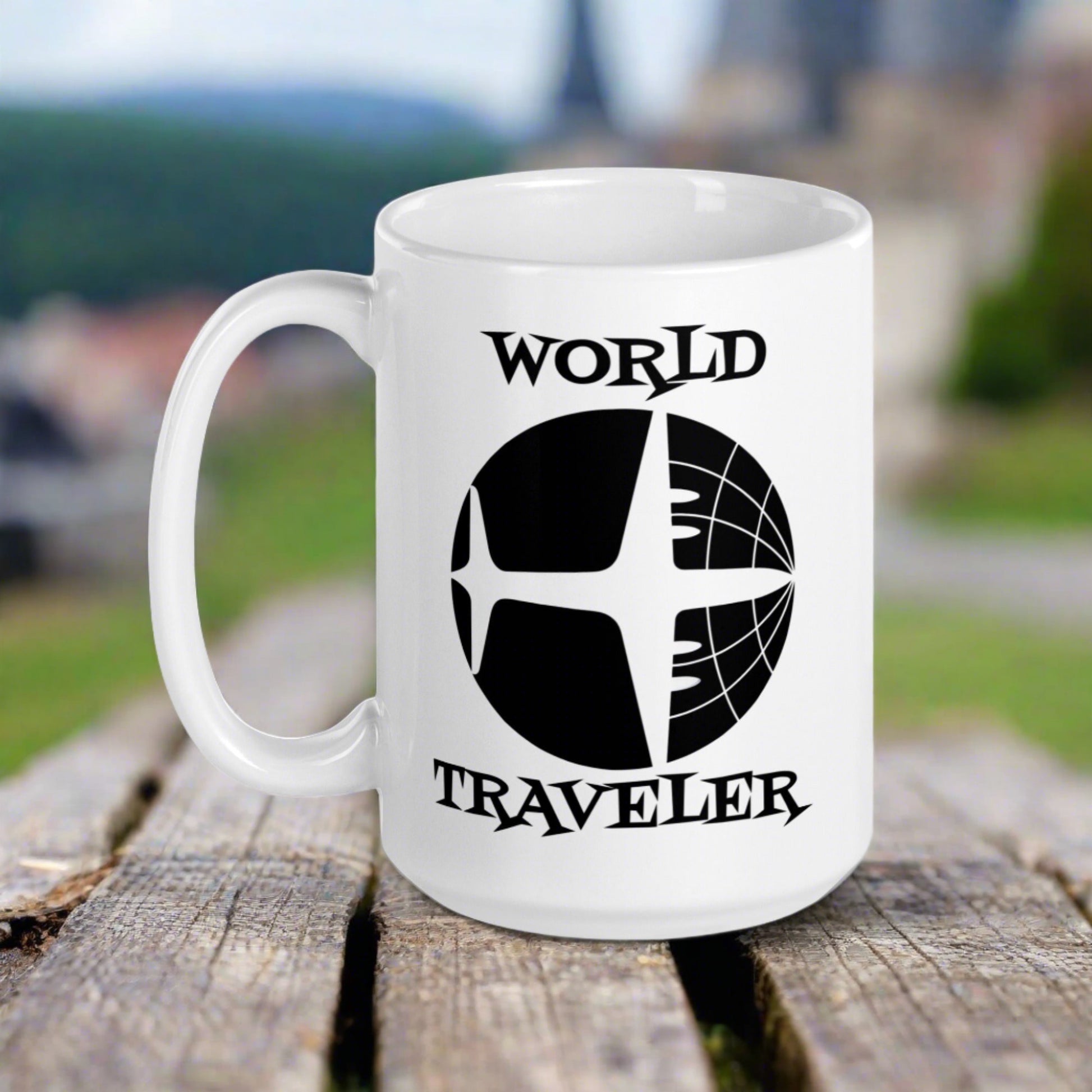 This white ceramic glossy mug features a retro print of an airplane over a globe with atomic lettering that says World Traveler.