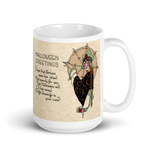 Halloween Greetings Victorian Witch Celestial Retro Halloween Print Glossy Mug