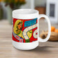 This ceramic glossy coffee mug features a vintage Halloween illustration of a Pot O'Gold Fortune Telling Game. It features a celestial fortune teller dressed in yellow with cards and a board game path.