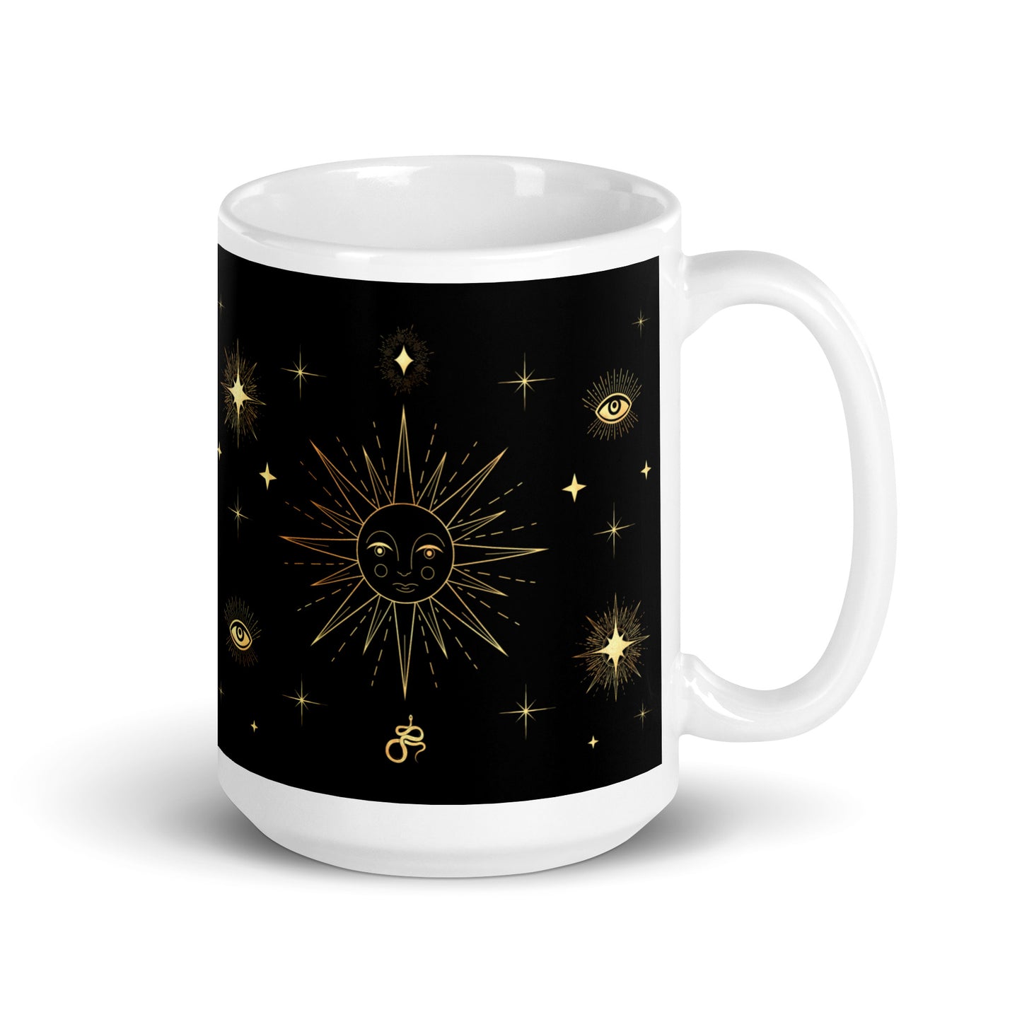 Celestial Gold Sun Stars Black Glossy Mug