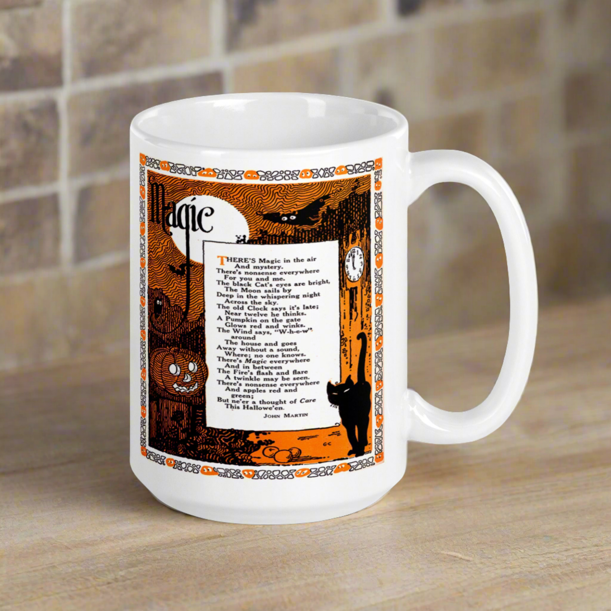 This glossy ceramic coffee mug features a vintage Halloween print of a poem titled Magic by John Martin. The illustration features a full moon, jack o'lantern, black cat, owls, bats and a clock.