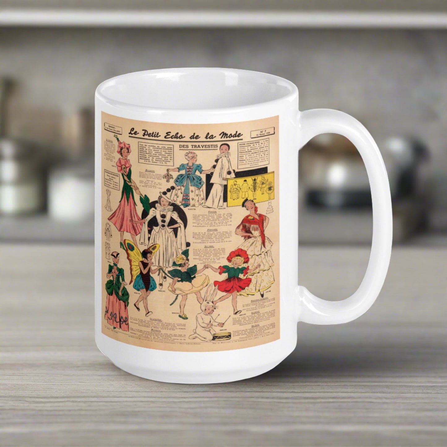 This ceramic glossy coffee mug features a page from a French Magazine from 1938 featuring Halloween Costume patterns.