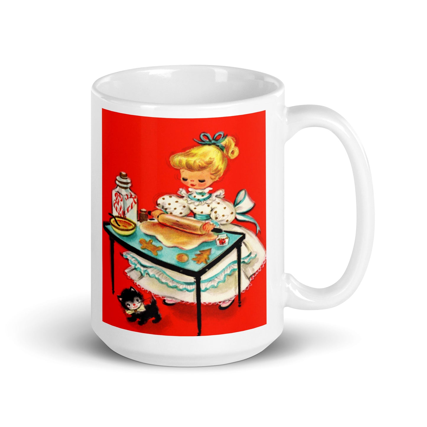 Christmas Lady Making Christmas Cookies With Kitten Mid Century Retro Christmas Print Glossy Coffee Mug