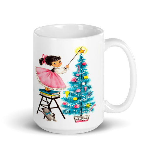 Little Girl Placing Star On Top Of Christmas Tree With Kitten Mid Century Retro Christmas Print Glossy Coffee Mug