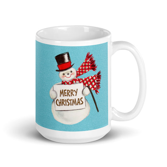 Merry Christmas Snowman Blue Background Mid Century Retro Christmas Print White Glossy Mug