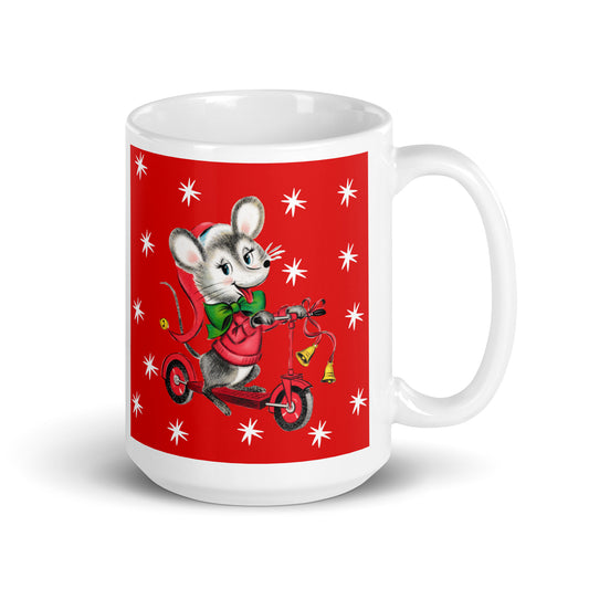 Christmas Mouse On Scooter Stars Red Mid Century Retro Christmas Print Glossy Mug