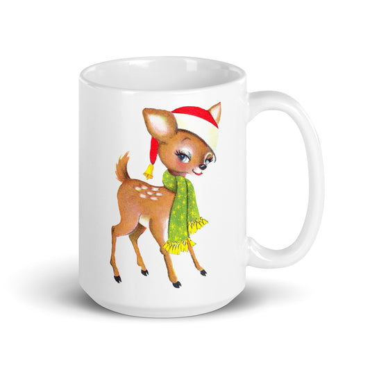 Season's Greetings Cute Reindeer In Santa Hat Mid Century Retro Christmas Print White Glossy Mug