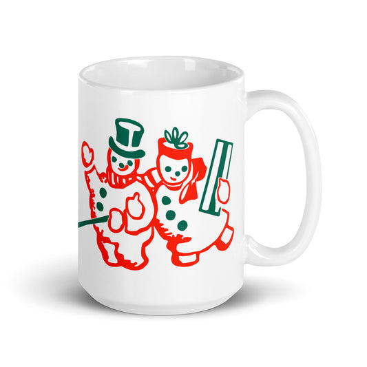 Snowman And Snowwoman Mid Century Retro Christmas Print White Glossy Mug