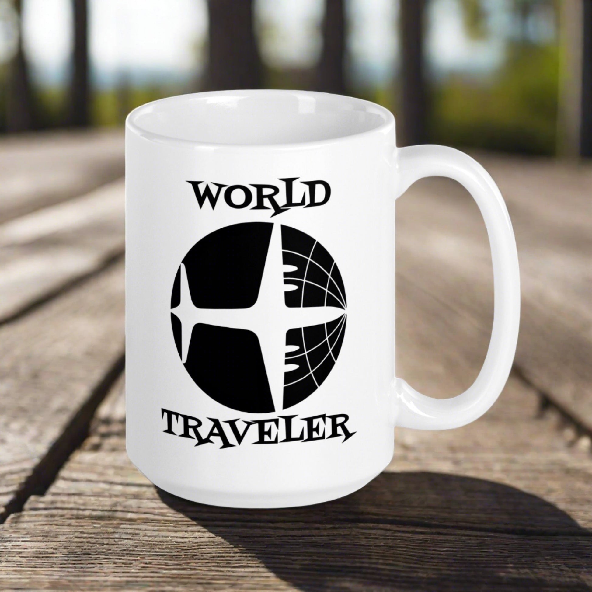 This white ceramic glossy mug features a retro print of an airplane over a globe with atomic lettering that says World Traveler.