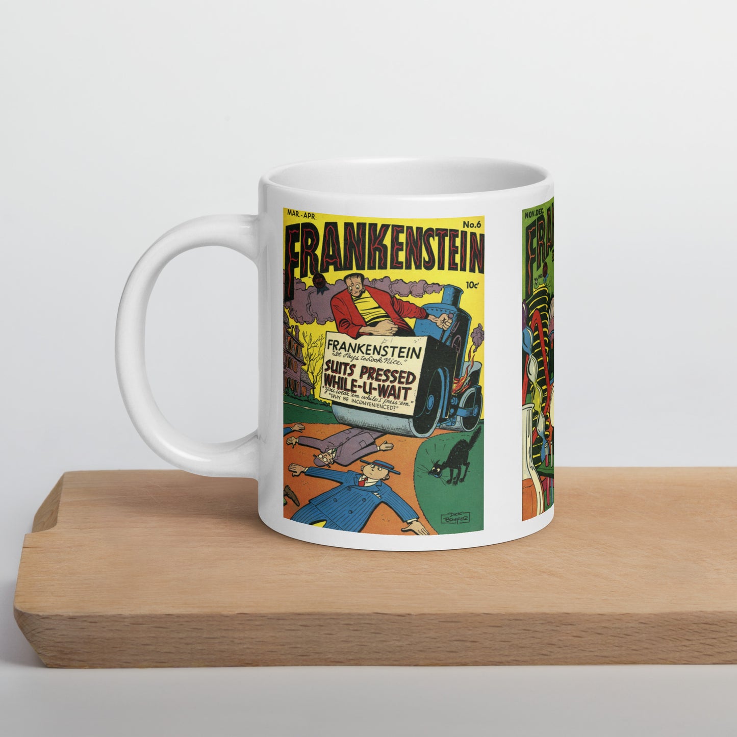 This white glossy mug features three covers from vintage comic book covers of Frankenstein. 