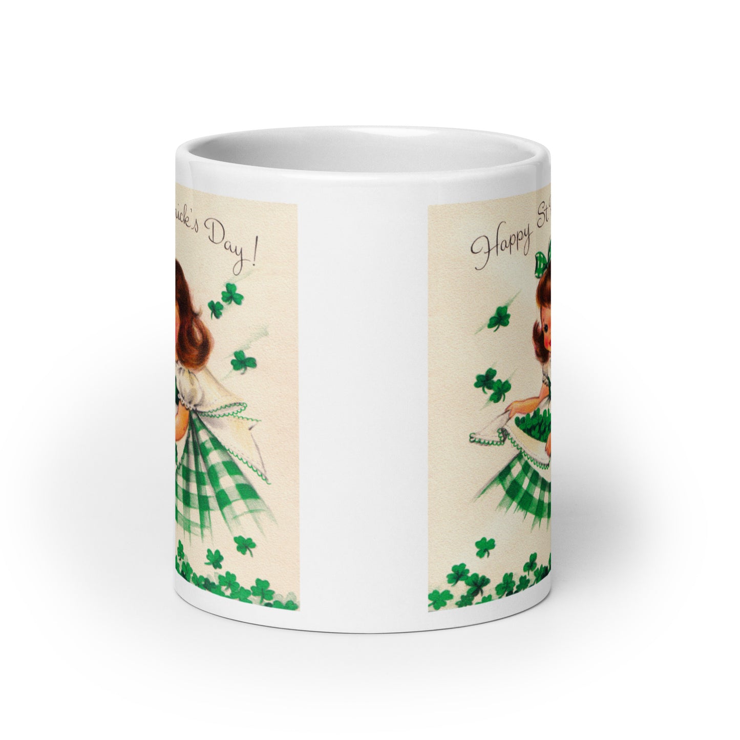 Mid Century Retro St. Patrick's Day Ceramic Coffee Mug - Kitschy Clover-Gathering Girl - Spring Decor - Three Size Options