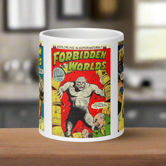 This ceramic glossy mug features three covers from vintage gothic horror comic books covers from Forbidden Worlds.