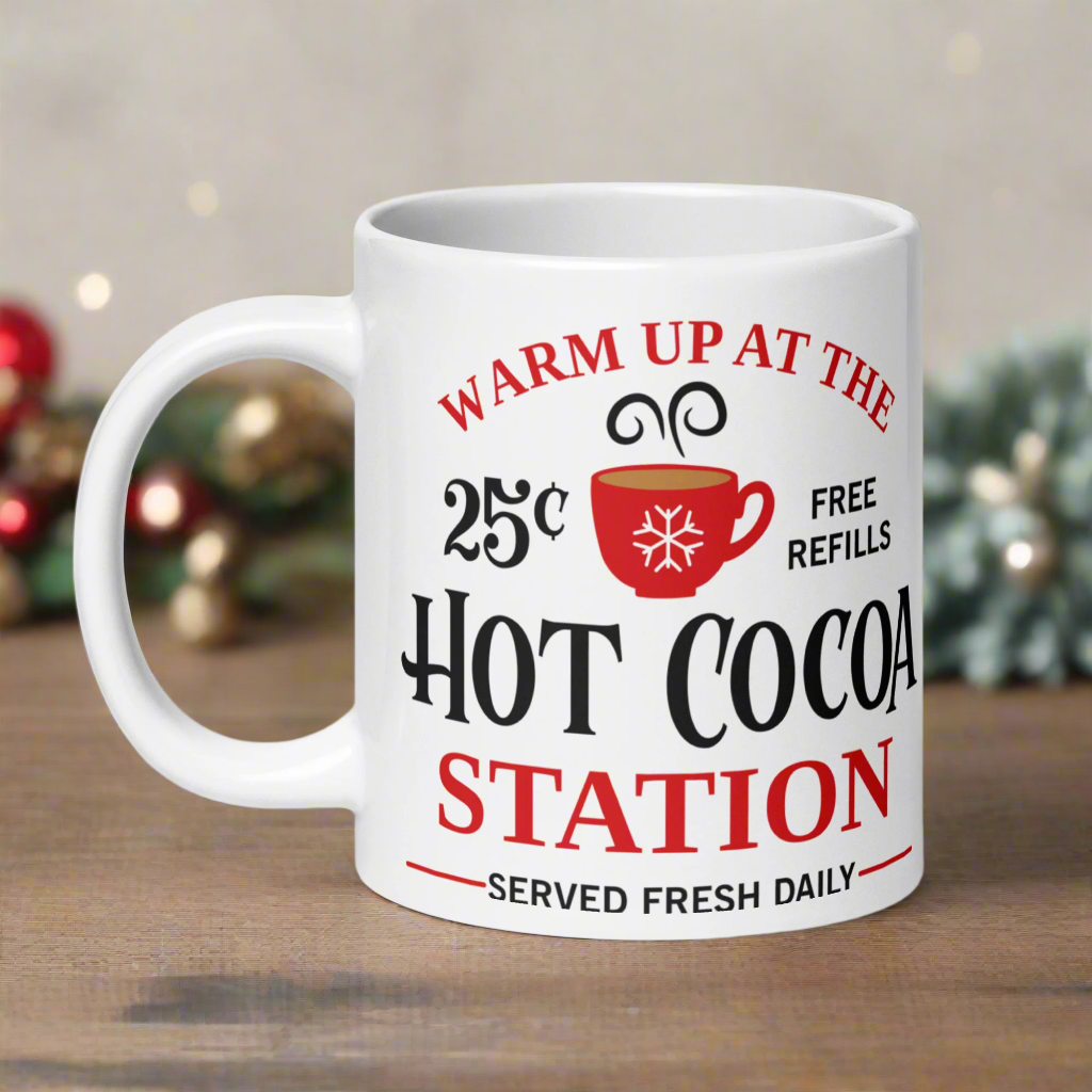 This ceramic glossy coffee mug says Warm Up At The Hot Cocoa Station Served Fresh Daily.It features a cute little red cup with a snowflake on it.