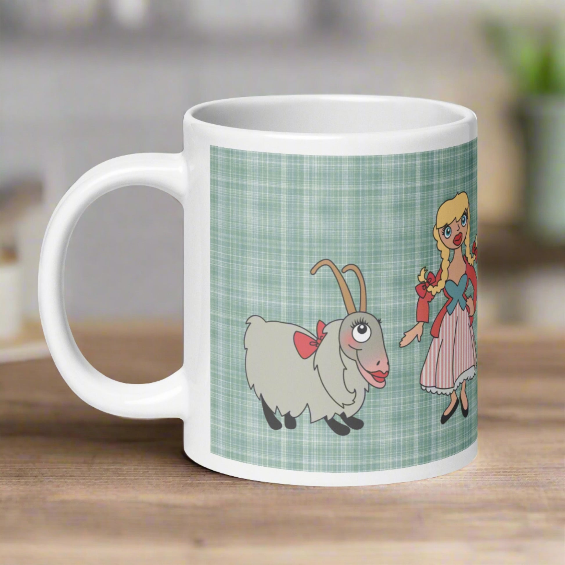 This ceramic glossy coffee mug features characters from the Lonely Goatherd scene in The Sound of Music with a plaid green background.