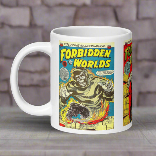 This ceramic glossy mug features three covers from vintage gothic horror comic books covers from Forbidden Worlds.