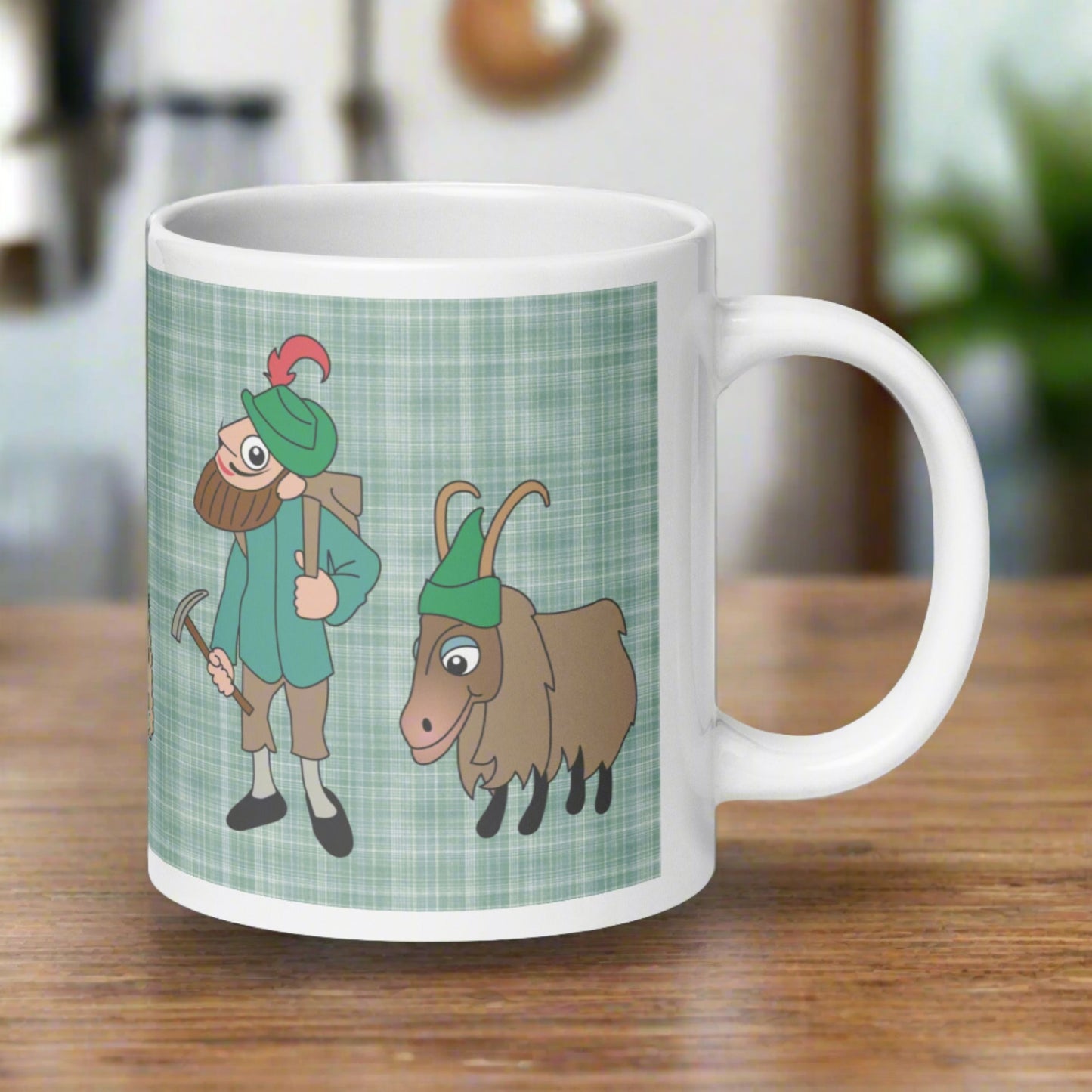 This ceramic glossy coffee mug features characters from the Lonely Goatherd scene in The Sound of Music with a plaid green background.