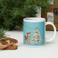 This glossy ceramic coffee mug features 
 Midcentury vintage artwork of an adorable reindeer with holly in her mouth, bunnies, and a Christmas Tree. There is gold lettering that says Season's Greetings and a blue felt background.