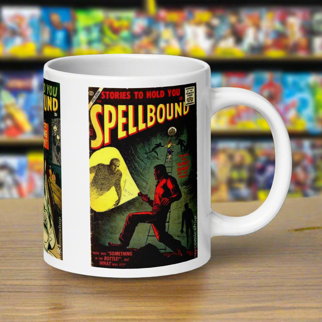 This ceramic glossy coffee mug features three covers from the vintage comic book Stories To Hold You Spellbound: My Friend The Ghost, The Living Mummy, and Almost Human,