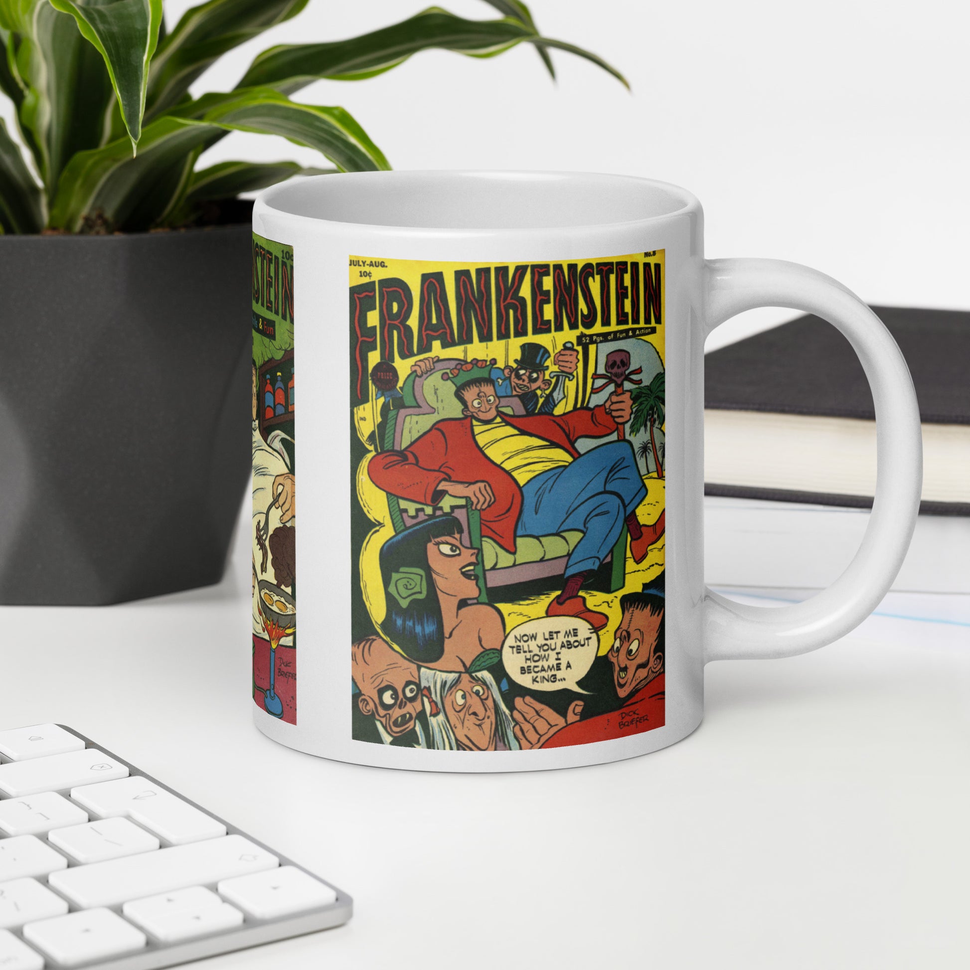 This white glossy mug features three covers from vintage comic book covers of Frankenstein. 