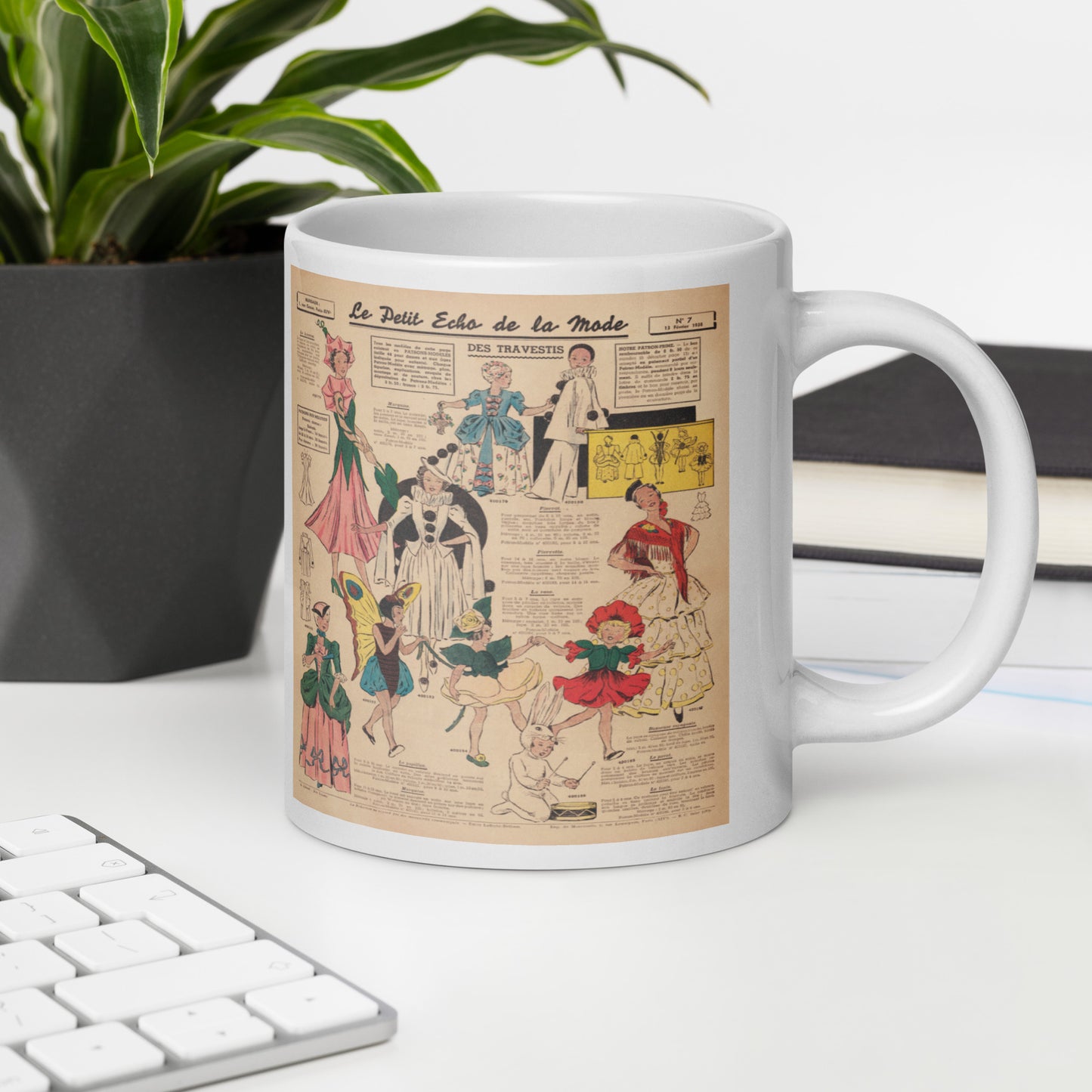 This ceramic glossy coffee mug features a page from a French Magazine from 1938 featuring Halloween Costume patterns.