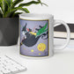 This ceramic glossy mug features a vintage Halloween illustration by Fern Bisel Peat. It features a witch dressed in all black soaring through the air on her broom with black cats. There is a smiling full yellow moon.