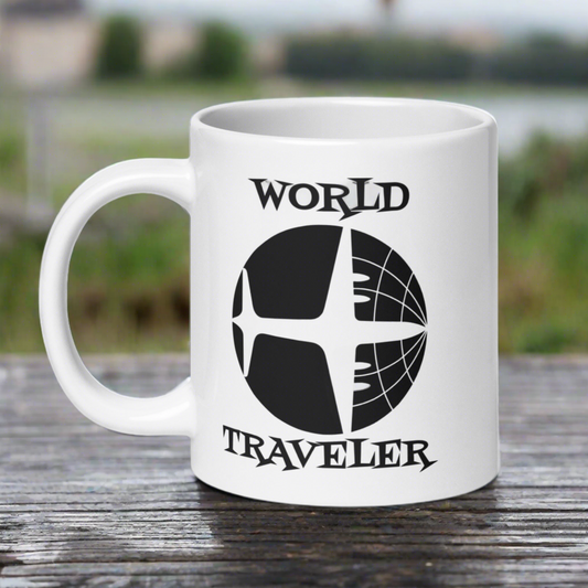 This white ceramic glossy mug features a retro print of an airplane over a globe with atomic lettering that says World Traveler.