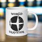 This white ceramic glossy mug features a retro print of an airplane over a globe with atomic lettering that says World Traveler.