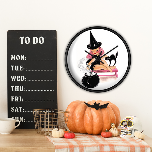 Pink Witch Black Cat Retro Halloween Fall Print Decor Wooden Wall Clock