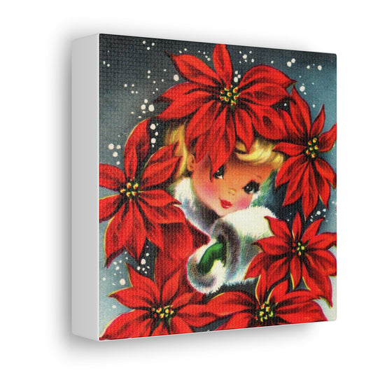 Poinsettia Girl Mid Century Retro Christmas Print Canvas Gallery Wrap