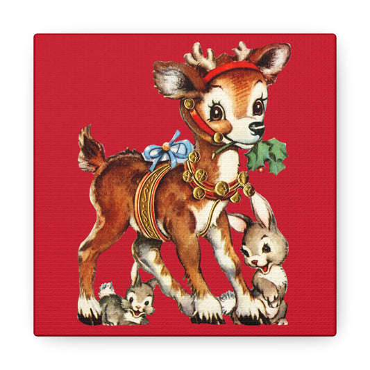 Reindeer And Bunnies Mid Century Retro Christmas Print Canvas Gallery Wrap