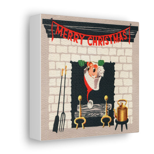 Santa In Fireplace Merry Christmas Mid Century Retro Christmas Canvas Gallery Wrap