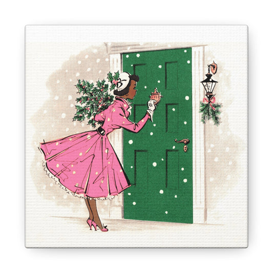 Christmas Lady With Pine Holly Retro Christmas Print Canvas Gallery Wrap