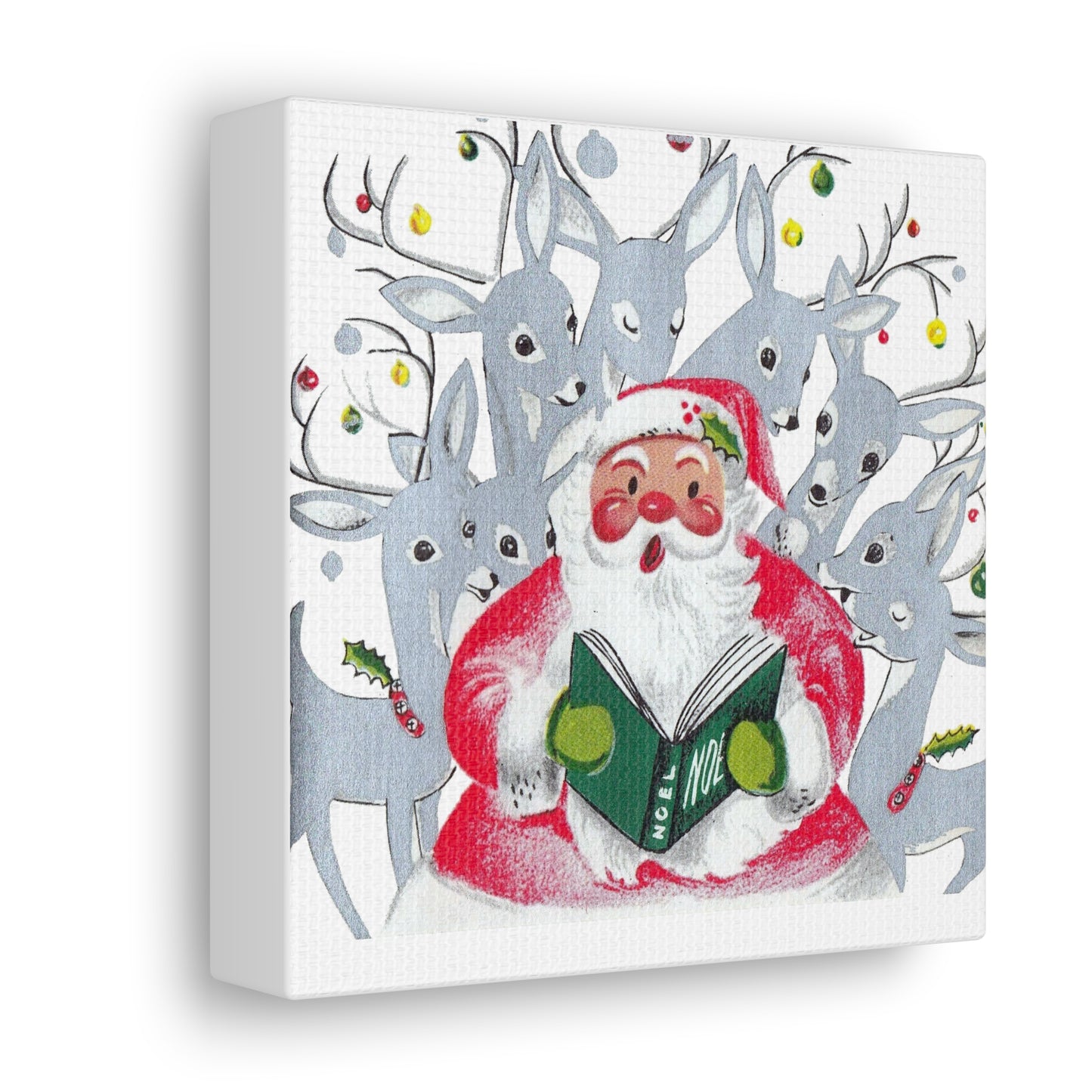 Santa Caroling with Reindeer Mid Century Retro Christmas Canvas Gallery Wrap