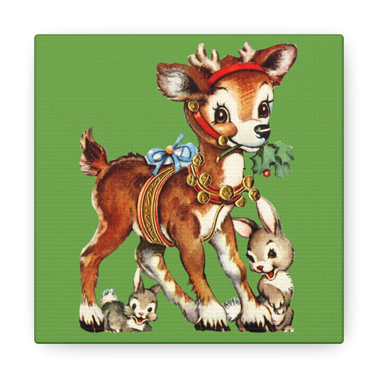 Reindeer And Bunnies Mid Century Retro Christmas Canvas Gallery Wrap