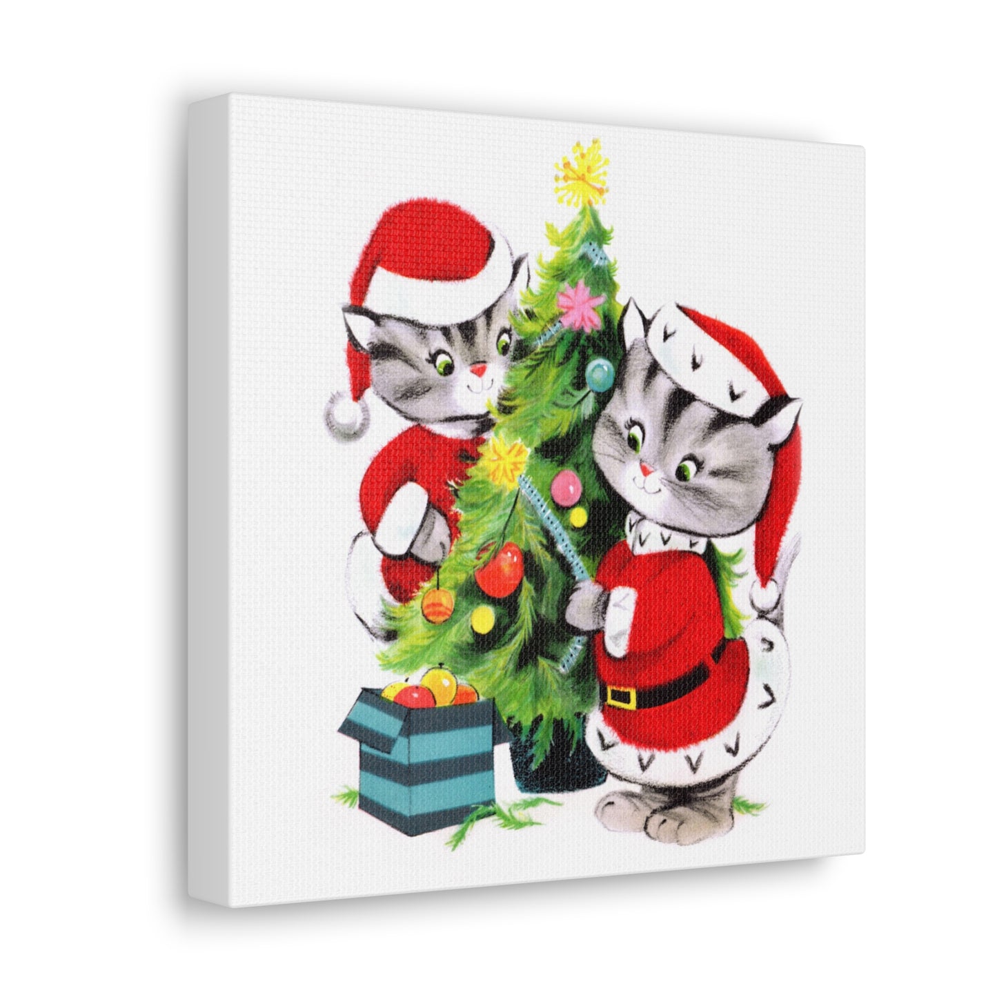 Santa Christmas Cats Decorating Tree Mid Century Retro Christmas Canvas Gallery Wrap