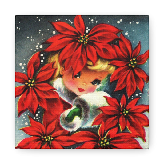 Poinsettia Girl Mid Century Retro Christmas Print Canvas Gallery Wrap