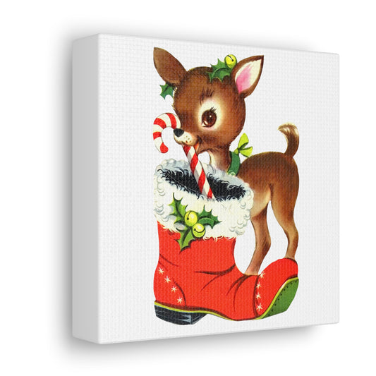 Reindeer With Stocking Mid Century Retro Christmas Canvas Gallery Wrap