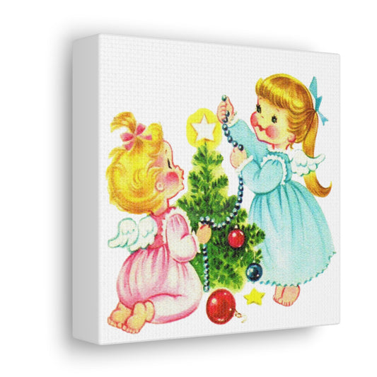 Christmas Angels Decorating Tree Mid Century Retro Christmas Canvas Gallery Wrap