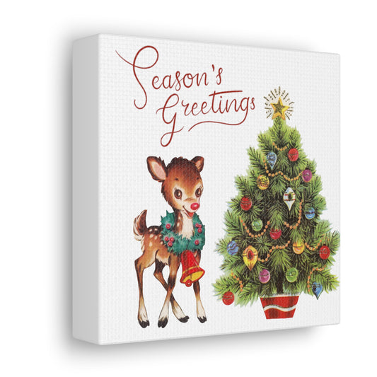 Season's Greetings Retro Reindeer And Tree Mid Century Retro Christmas Canvas Gallery Wrap