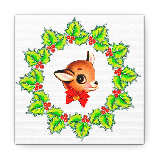 Reindeer With Holly Mid Century Retro Christmas Canvas Gallery Wrap