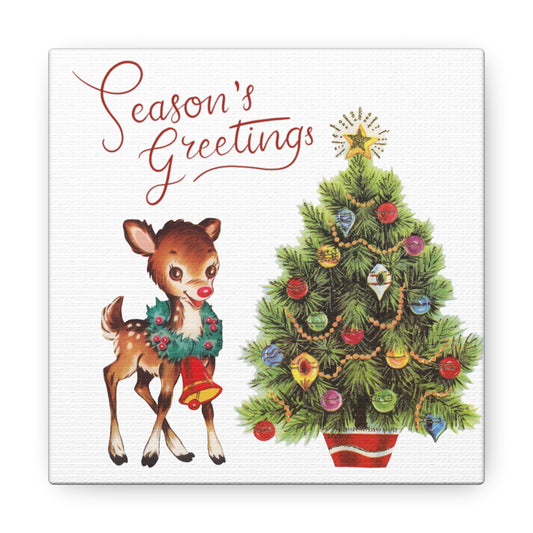 Season's Greetings Retro Reindeer And Tree Mid Century Retro Christmas Canvas Gallery Wrap