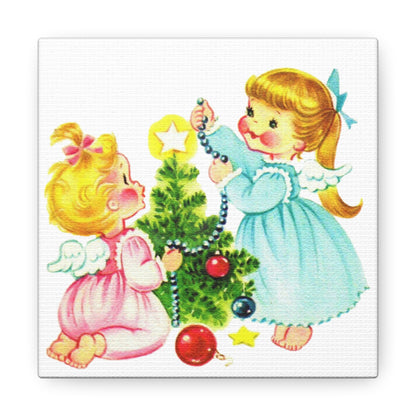 Christmas Angels Decorating Tree Mid Century Retro Christmas Canvas Gallery Wrap