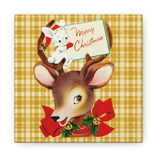 Merry Christmas Retro Reindeer And Bunny Yellow Plaid Mid Century Retro Christmas Canvas Gallery Wrap