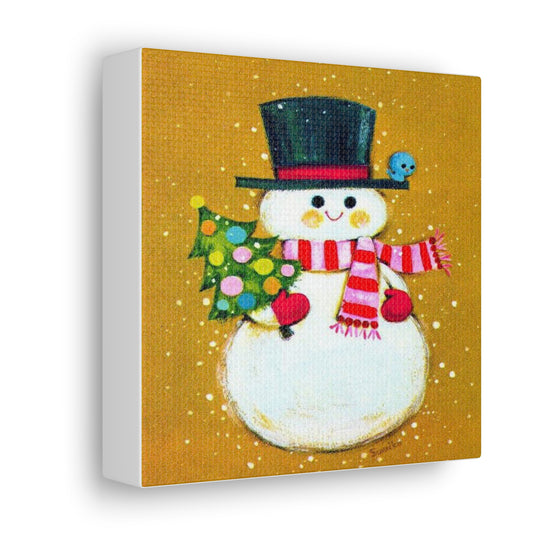 Christmas Snowman With Tree Mod Retro Christmas Canvas Gallery Wrap