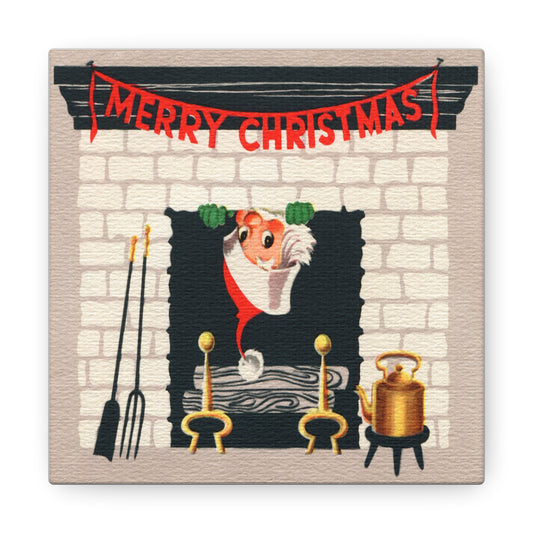 Santa In Fireplace Merry Christmas Mid Century Retro Christmas Canvas Gallery Wrap