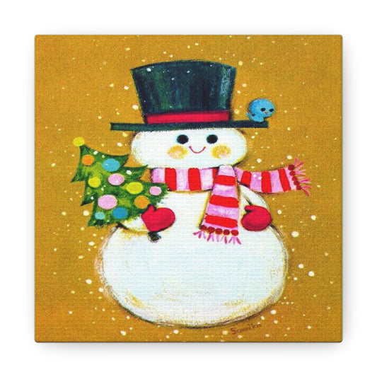 Christmas Snowman With Tree Mod Retro Christmas Canvas Gallery Wrap